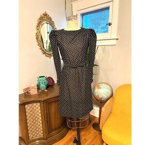 Vintage 80s black white Puff Sleeve Floral Print Dress Elegant size S‎